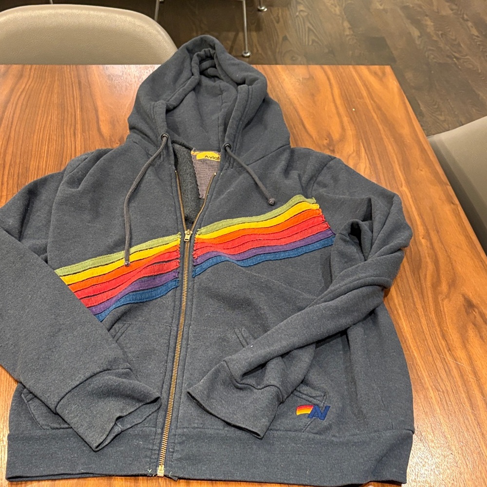 Aviator Nation Navy Zip-Up Hoodie with Rainbow Chest Stripe